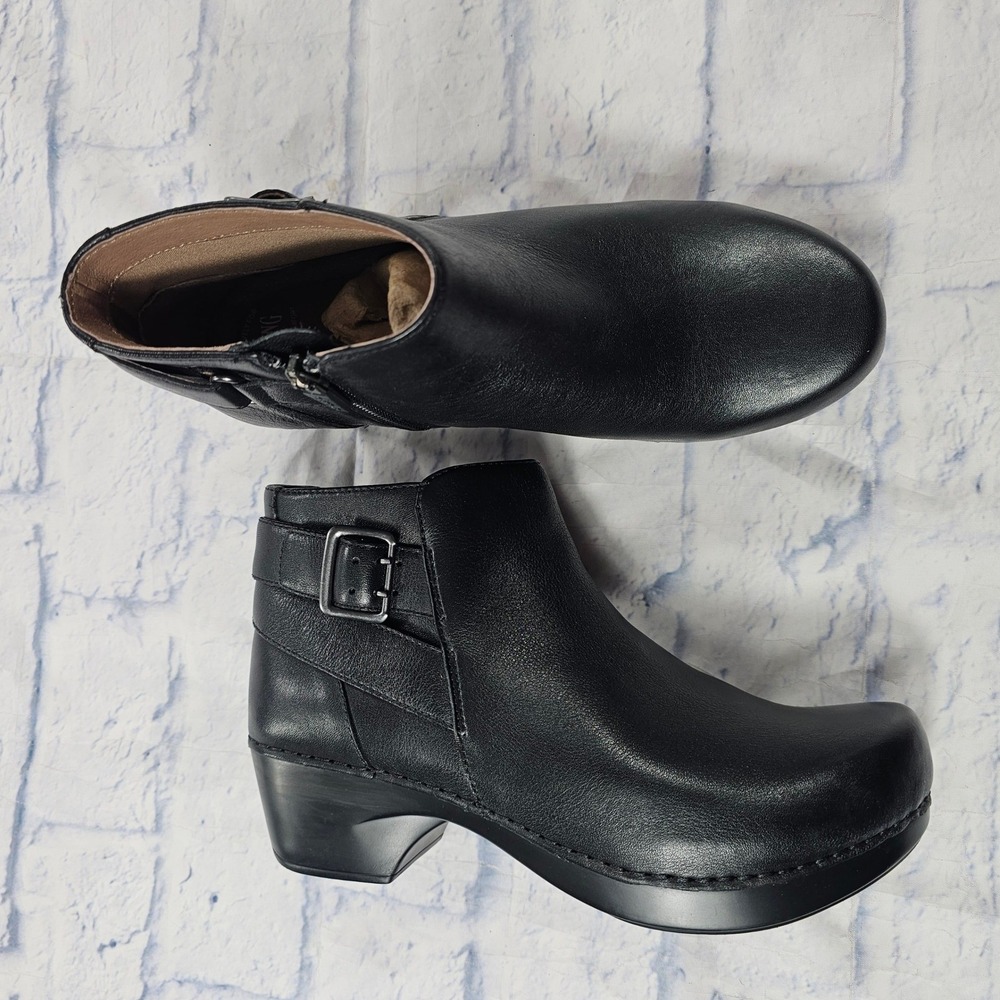 Dansko Tate Ankle Boots Women 37 Black Leather Buckle Side Zip Block Heel Bootie